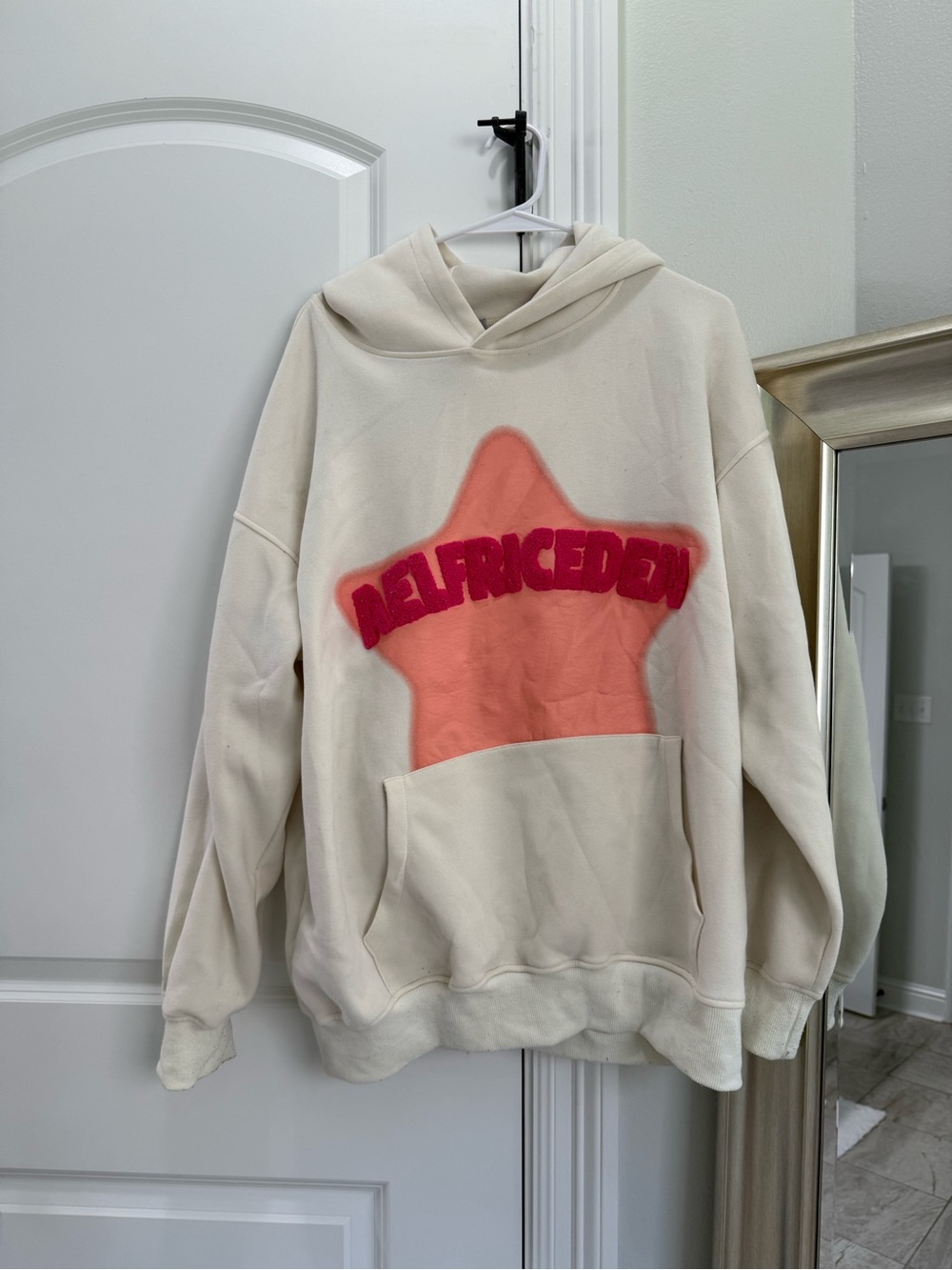 Aelfric Eden Cream Hoodie with Coral Star and Pink Logo